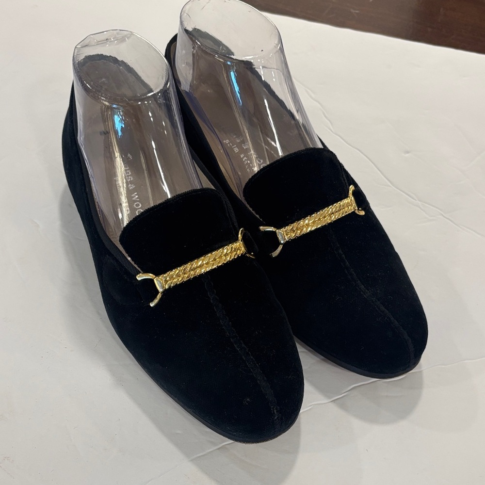 Women's Black Suede Loafers with Gold Chain Detail